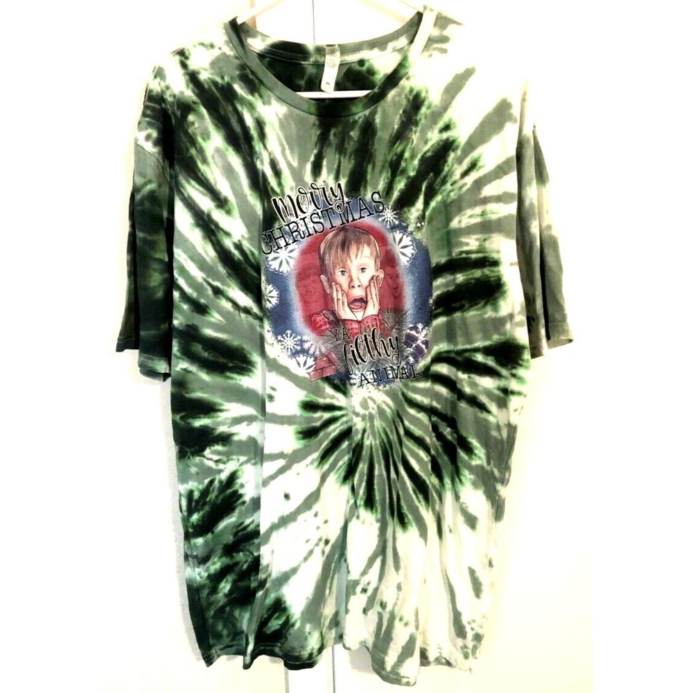 Merry Christmas Ya Filthy Animal Tie Dye Home Alone Shirt 2XL, Green / White
